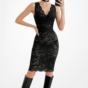 Vintage Y2K Black Floral Lace Knee Length Sequin Cocktail Bodycon Dress Size L